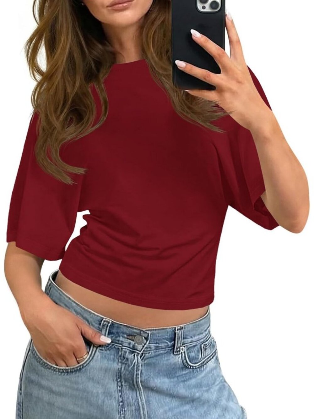 Women's Wine Red Crewneck Short Sleeve Summer Casual Waisted Trendy Crop Tops